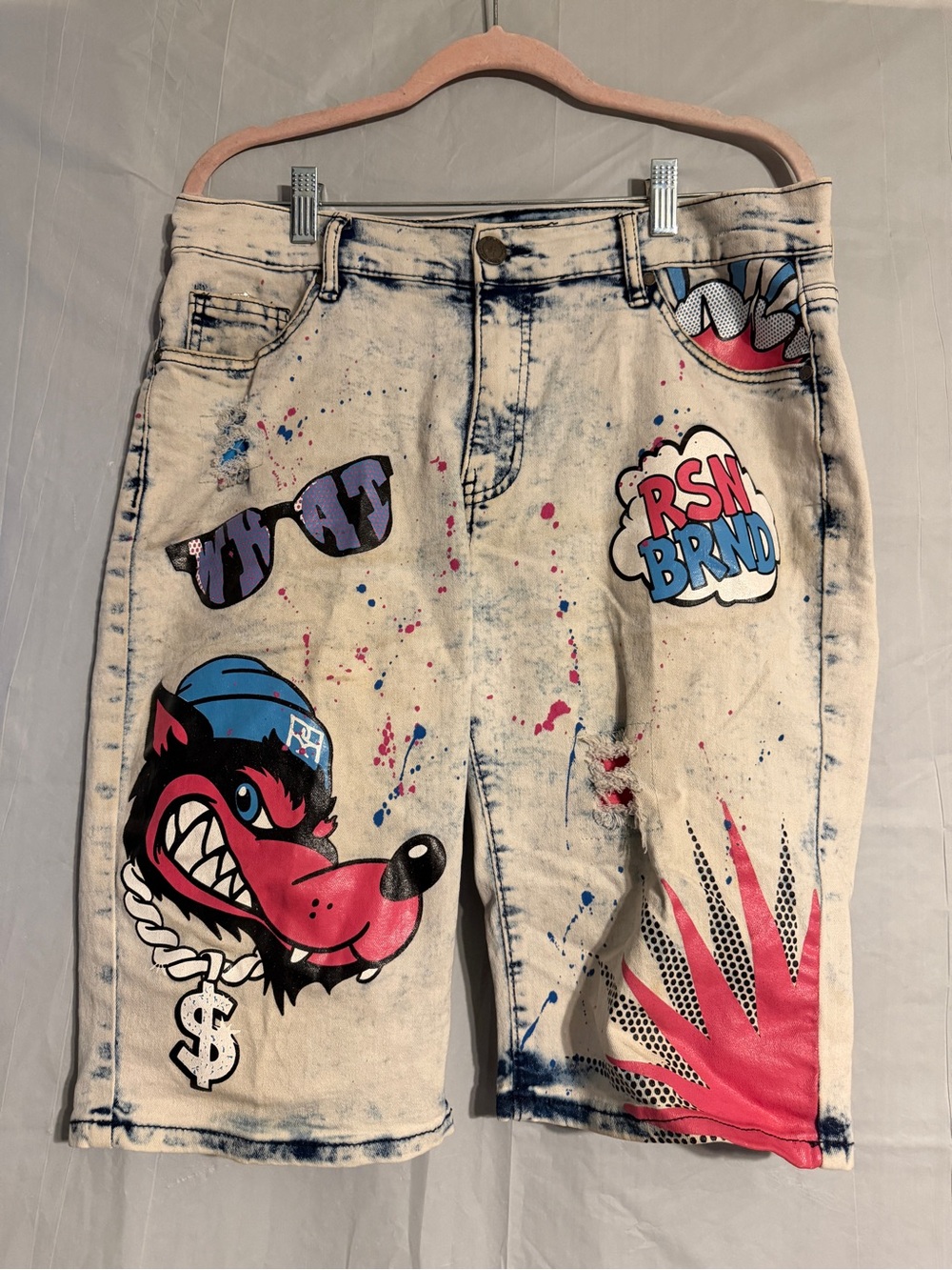 Reason Brand Men’s 36 Acid Wash Graphic Denim Shorts Distressed Streetwear Y2K
